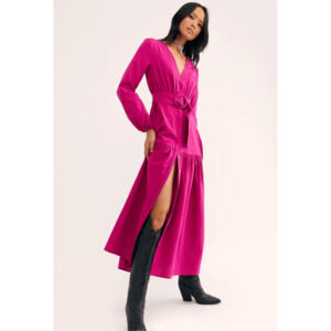 Free People Kendra Midi Dress Belted Button Front Long Sleeve in Magenta Size XS